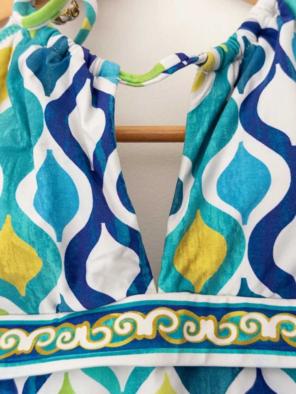 Trina Turk Tankini Swimsuit Size 6/8 Blue Green Geometric Halter 2 Piece 2000s - Picture 3 of 16